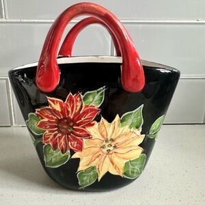Floral Ceramic Handbag with Red Handles